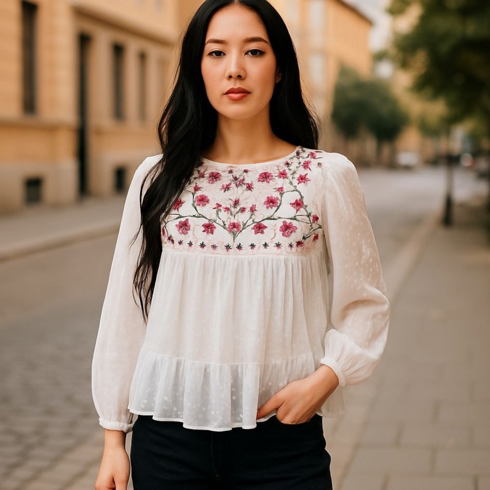 Japna White and Red Puff Sleeve Embroidered Blouse - Picture 1 of 4